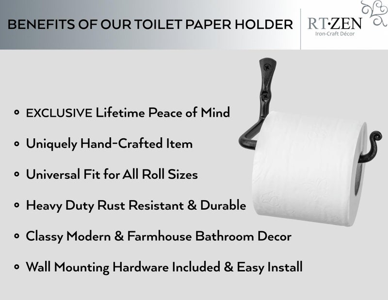 RTZEN Bathroom Toilet Paper Holder - Handcrafted Rustic Wrought Iron Wall Decor Toilet Roll Holder - Black Matte Wall Mount Bar for Modern Farmhouse Bathroom Decor - Image 2